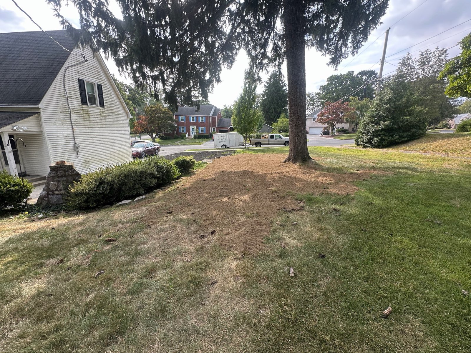 A lawn renovation in progress on a residential property in Central PA